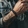 Person wearing a black beaded bracelet on a tattooed arm, with a denim jacket background.