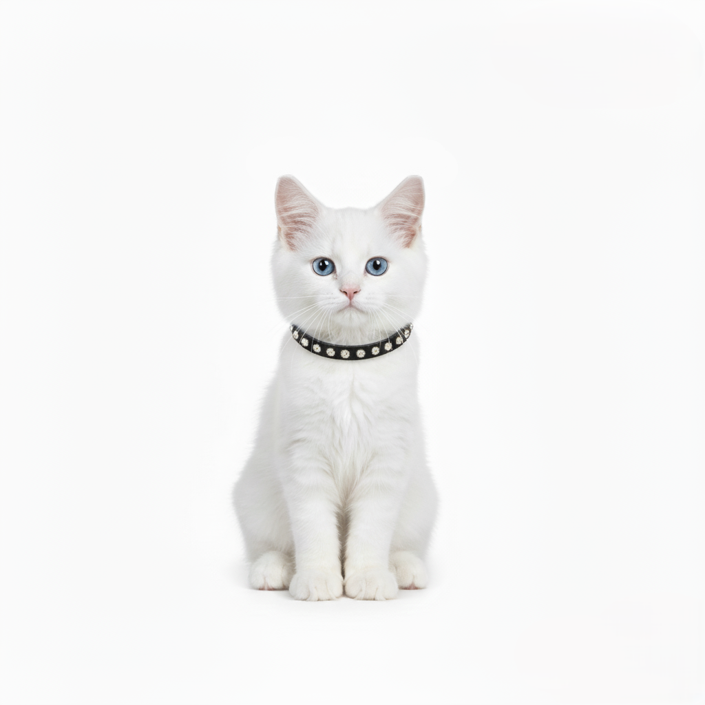 White cat wearing a black collar with white polka dots on a white background