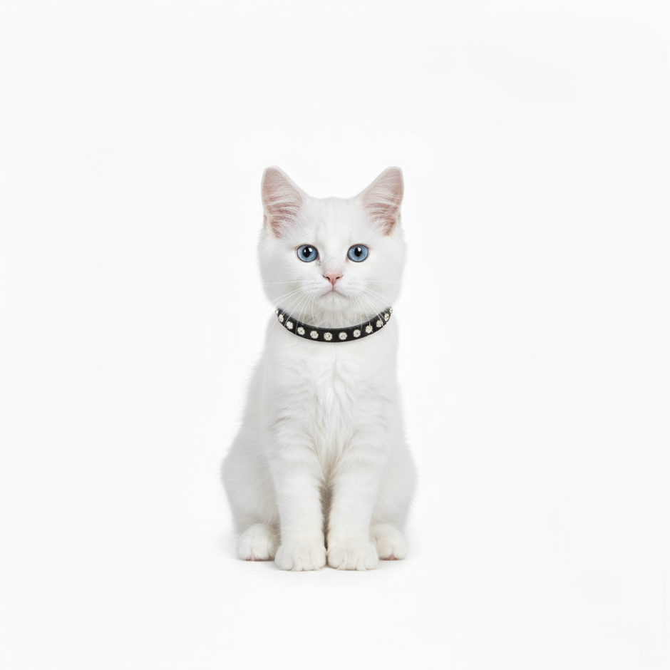 White cat wearing a black collar with white polka dots on a white background