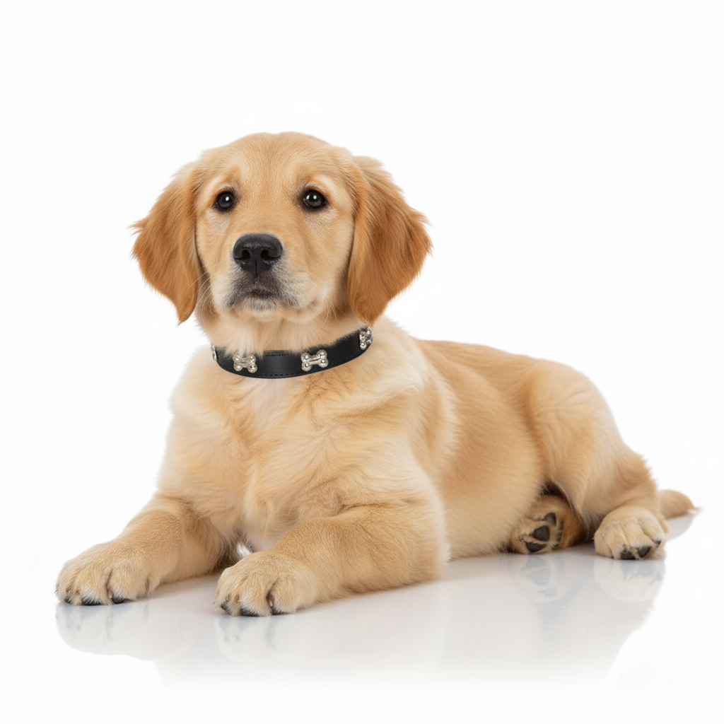 Dog wearing a black collar with bone design on a white background