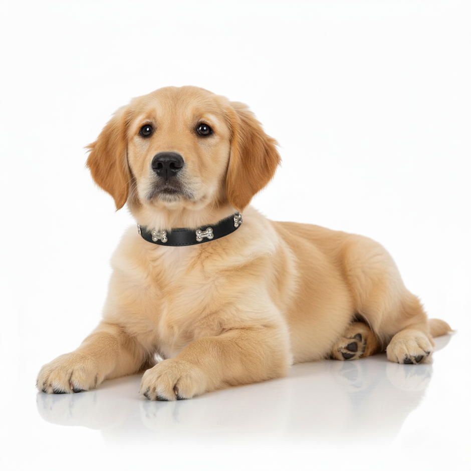 Dog wearing a black collar with bone design on a white background