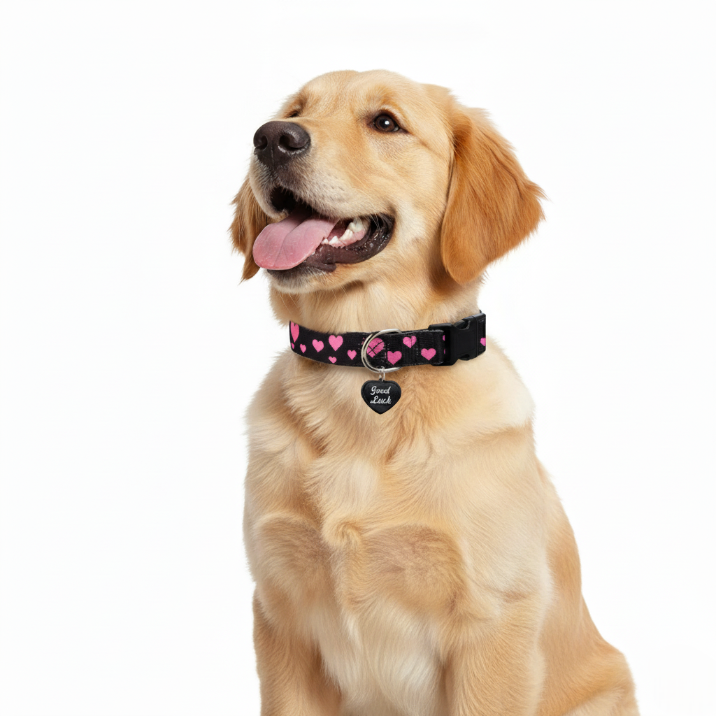 A dog wearing a Black dog collar with a pink heart collar on a white background