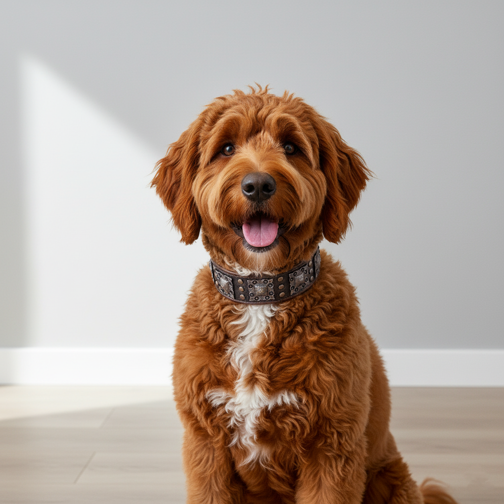 Brown dog with a patterned collar sitting on a wooden floor.
