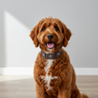 Brown dog with a patterned collar sitting on a wooden floor.
