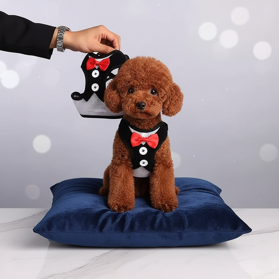 Small dog wearing a black vest with a red bow tie, sitting on a blue pillow against a light gray background.