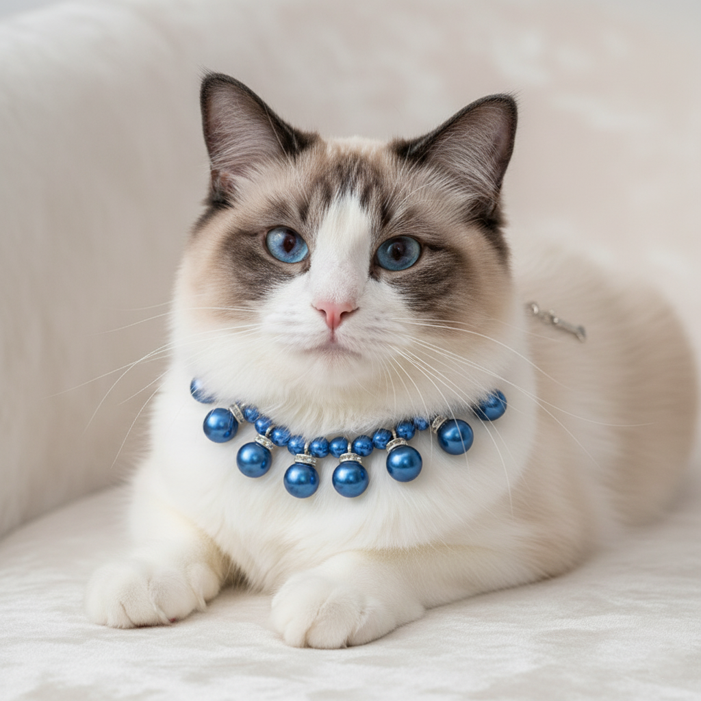 Cat wearing a blue pearl necklace on a white background