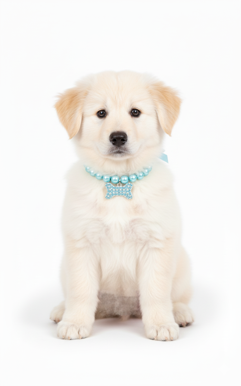White puppy wearing a blue collar on a white background