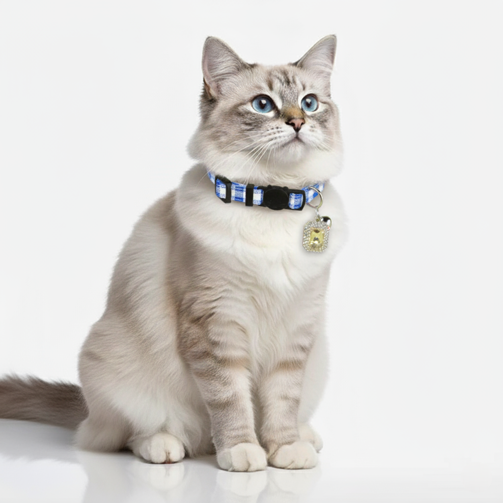 A cat wearing a collar with a tag on a white background