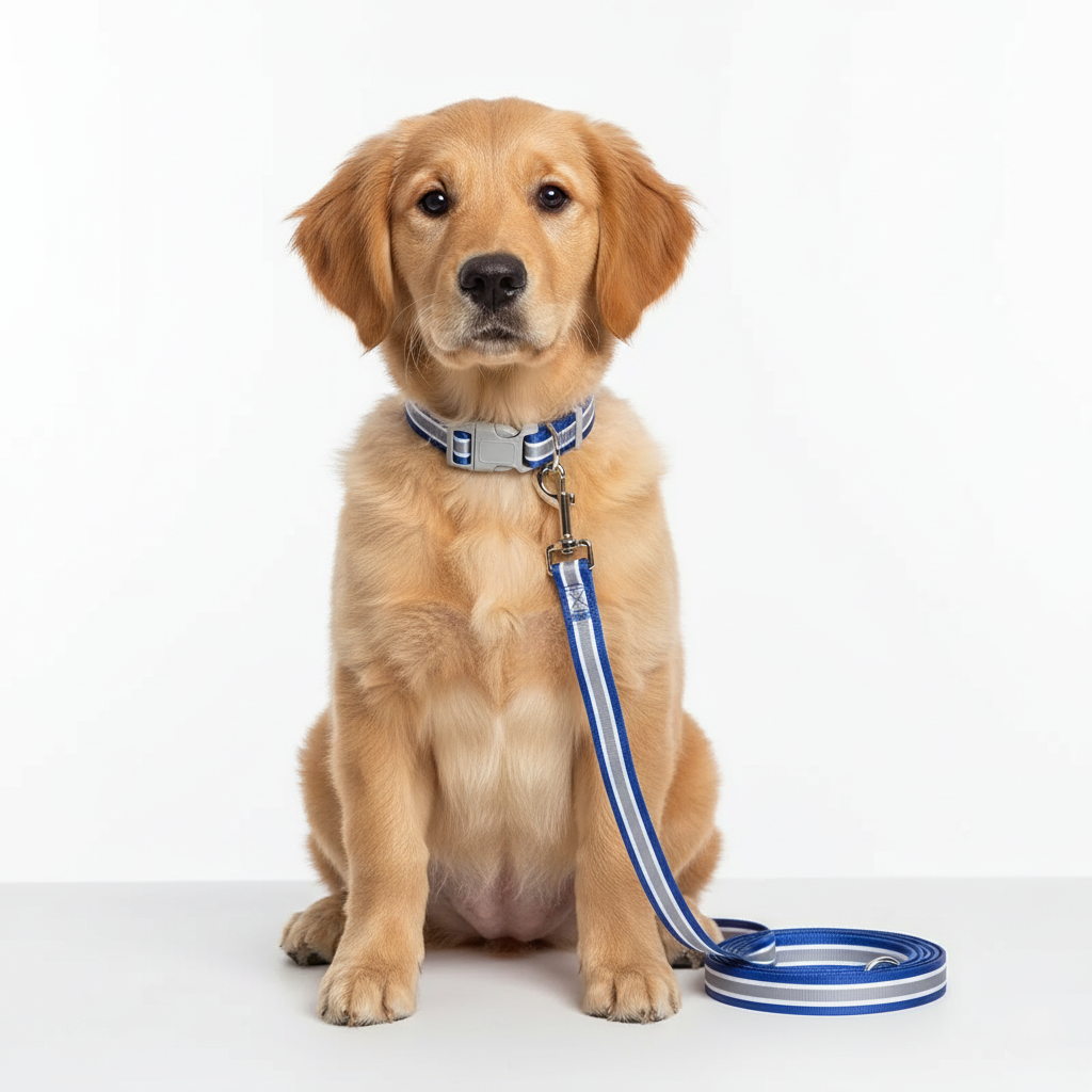 Dog wearing a blue collar and leash on a white background