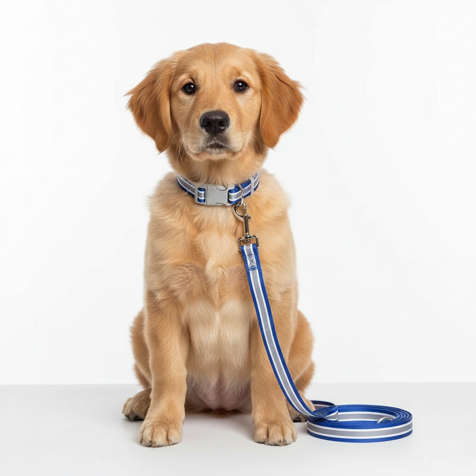 Dog wearing a blue collar and leash on a white background
