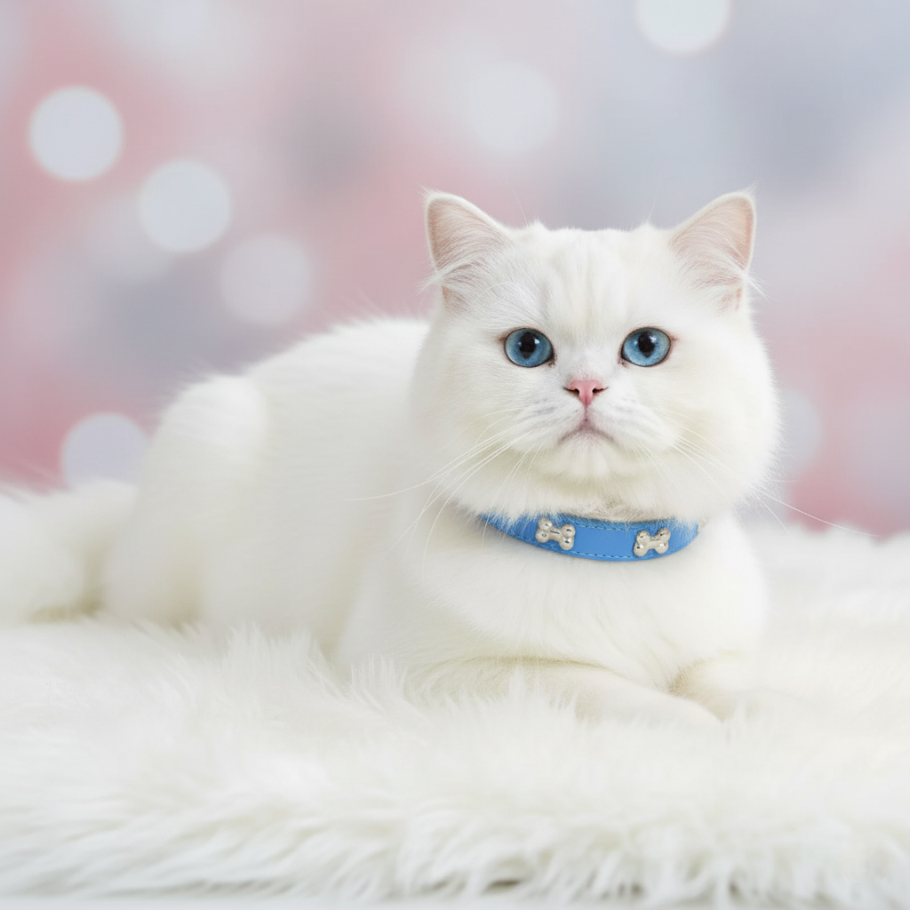 White cat with blue eyes wearing a blue collar against a blurred background