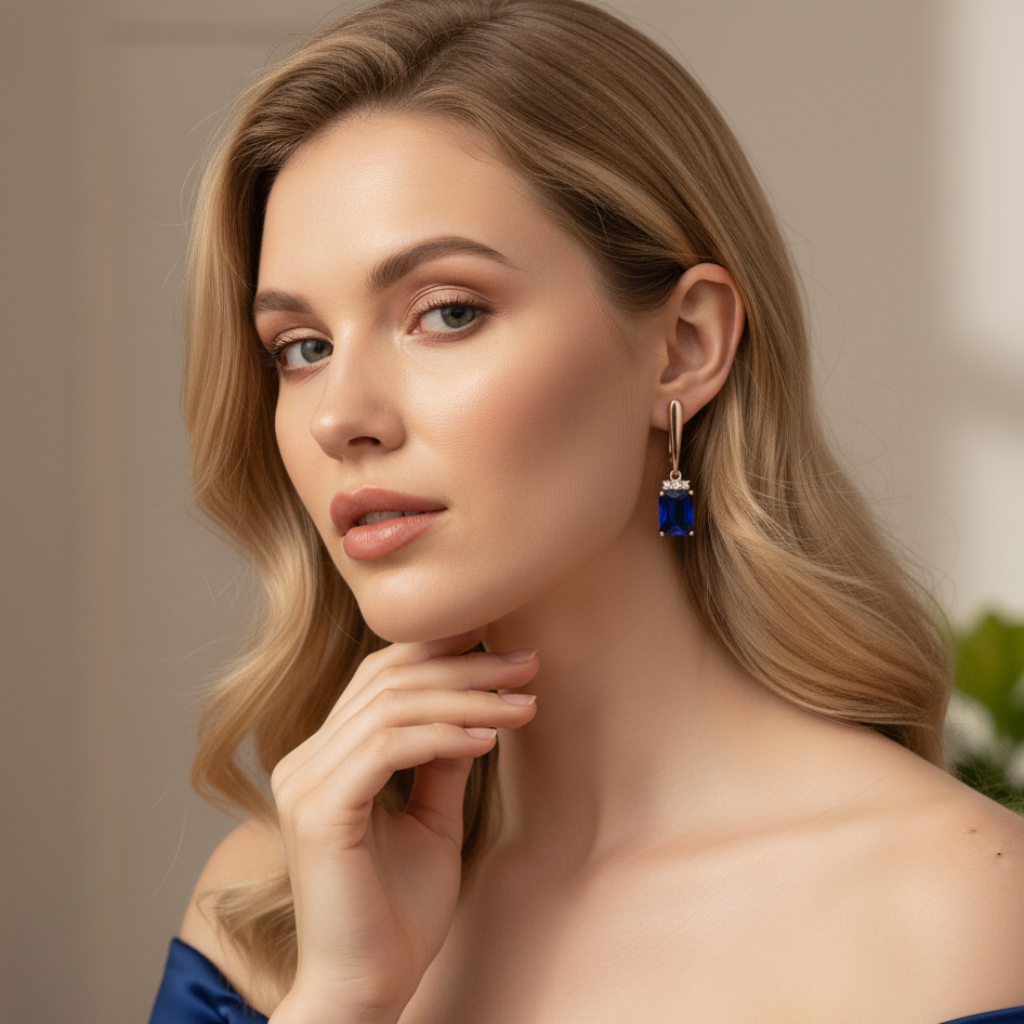 Woman wearing a blue off-shoulder top and blue earrings with a blurred background