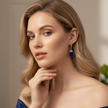 Woman wearing a blue off-shoulder top and blue earrings with a blurred background