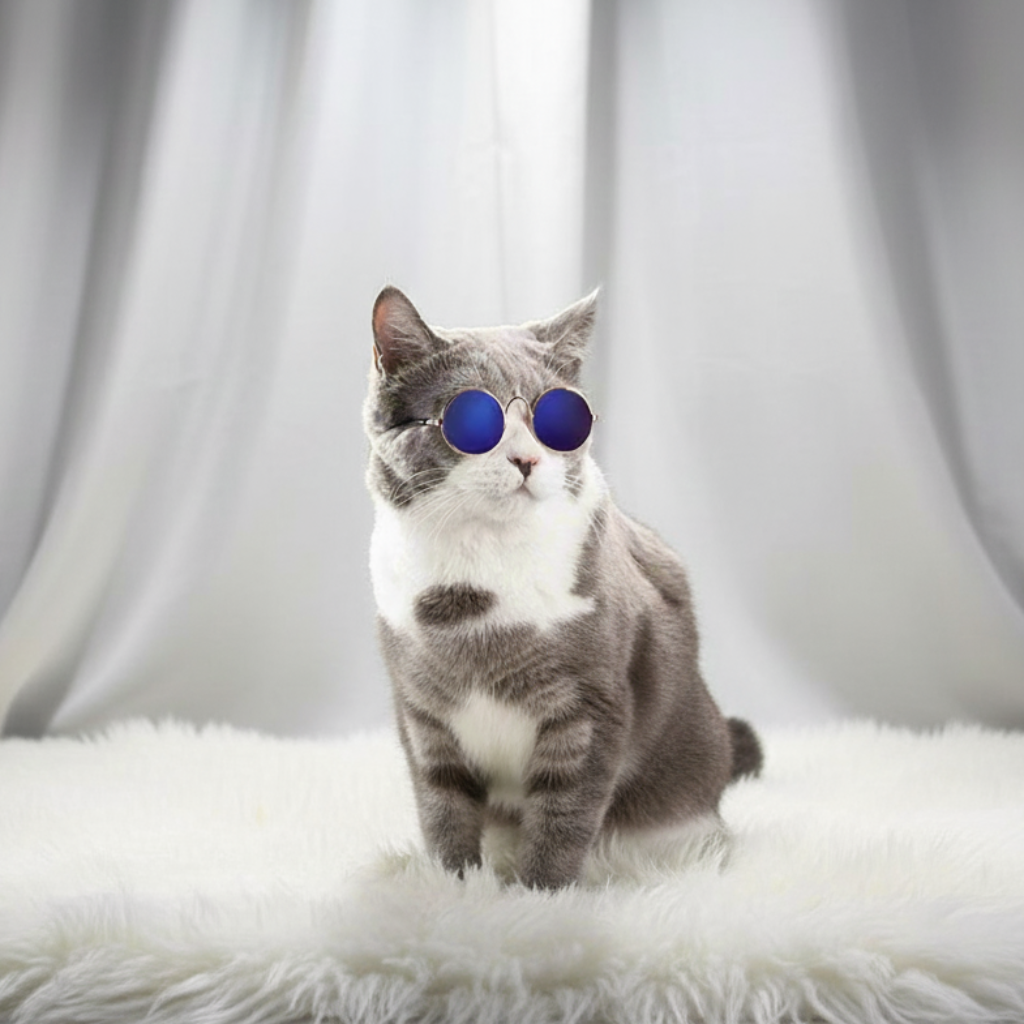 Cat wearing blue sunglasses sitting on a white fur surface with a white curtain background