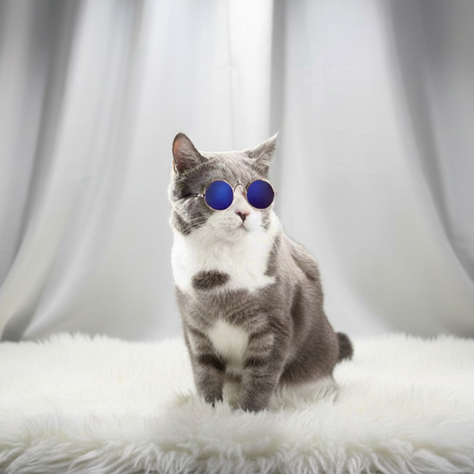 Cat wearing blue sunglasses sitting on a white fur surface with a white curtain background