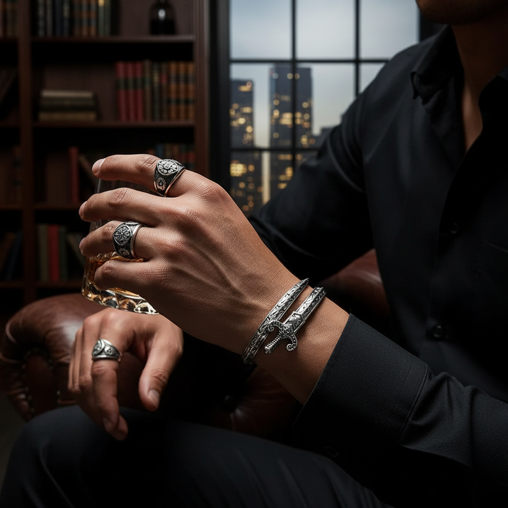 Close-up of hands wearing multiple rings and bracelets with a cityscape background