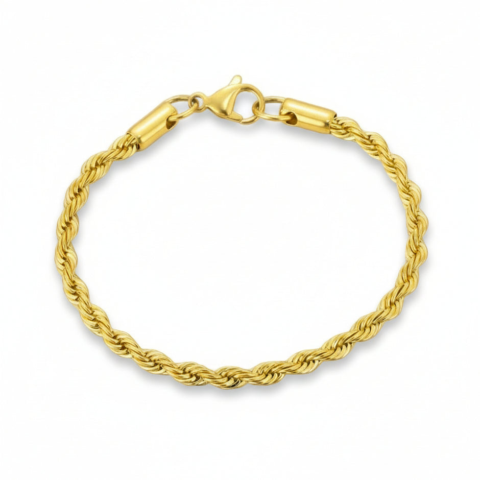 Gold rope chain bracelet on a white background
