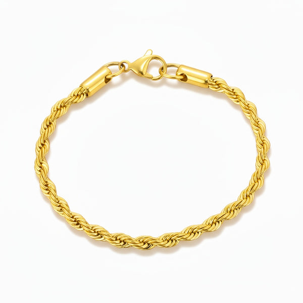 Gold rope chain bracelet on a white background