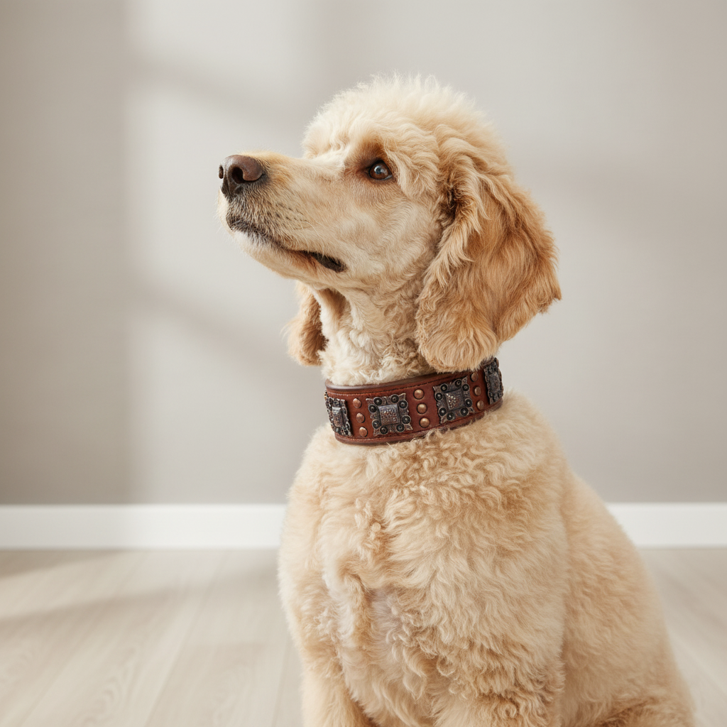 Dog wearing a brown collar with decorative elements on a neutral background
