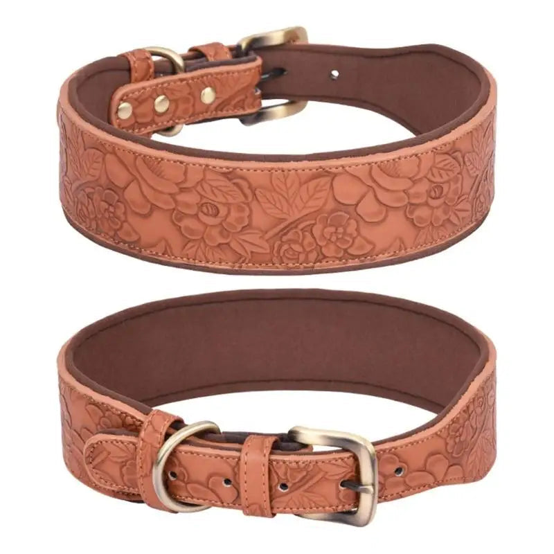 Two brown leather dog collars with floral embossing on a white background.