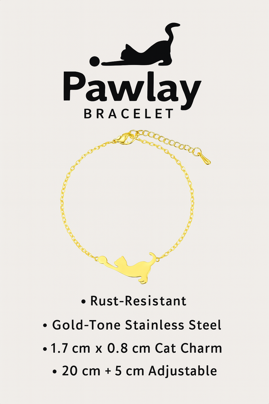 Pawlay bracelet with cat charm on a light gray background
