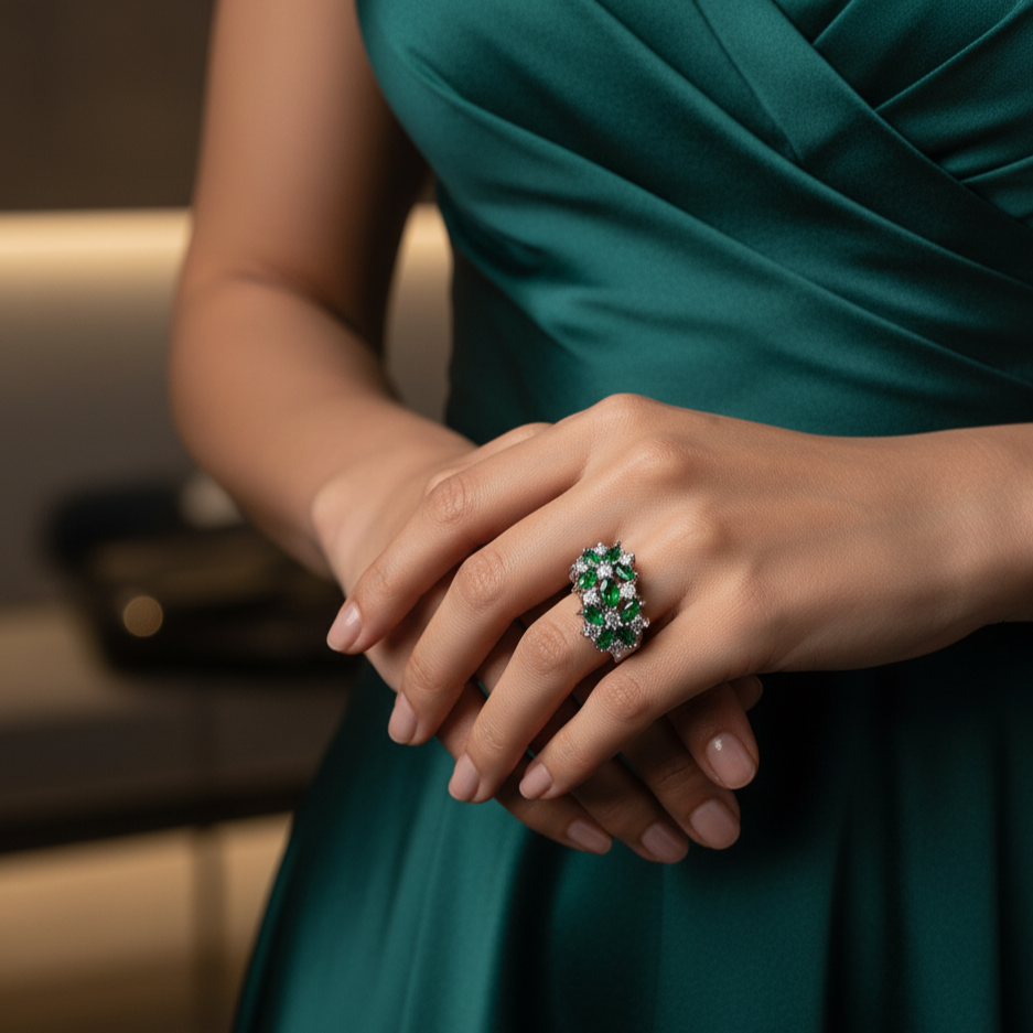 Close-up of a person wearing a green emerald ring with a blurred background