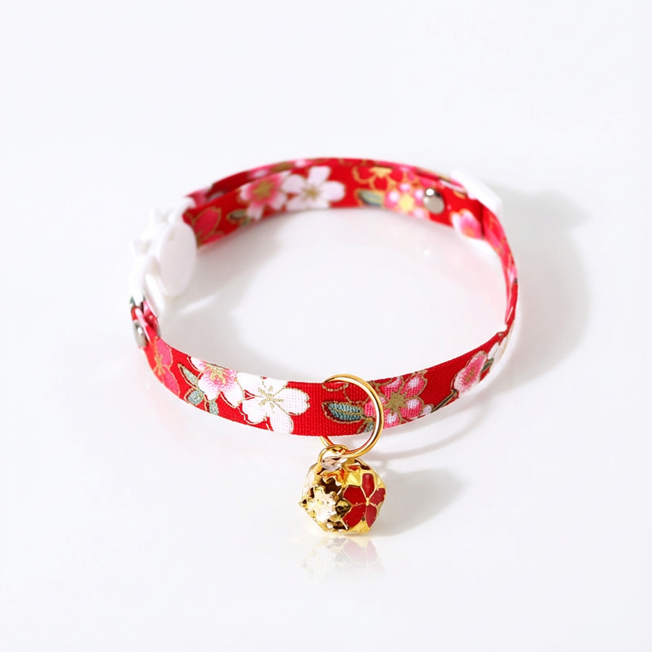 Red floral-patterned cat collar with a gold bell on a white background