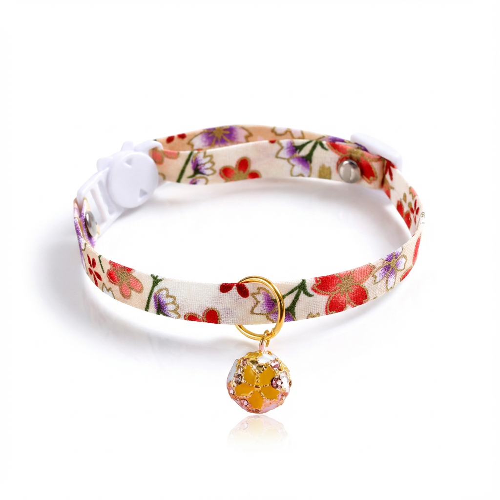 Floral-patterned cat collar with a yellow bell on a white background