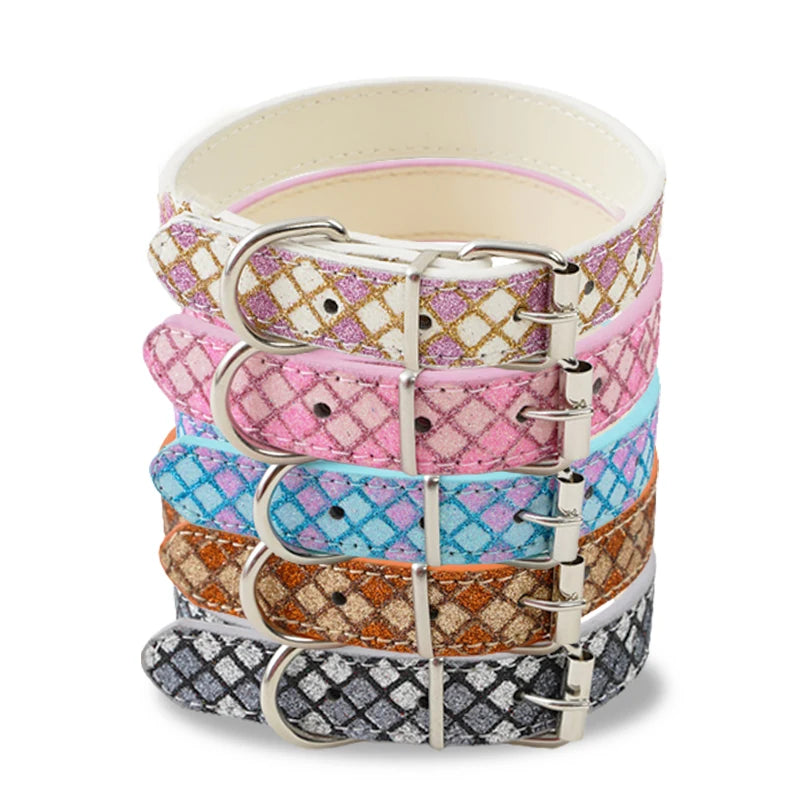 Stack of colorful patterned dog collars with silver buckles on a white background
