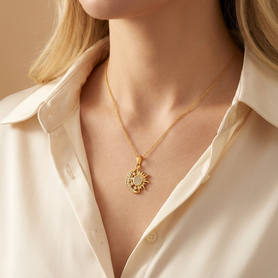 Gold necklace with a sun pendant worn by a person in a light-colored shirt.