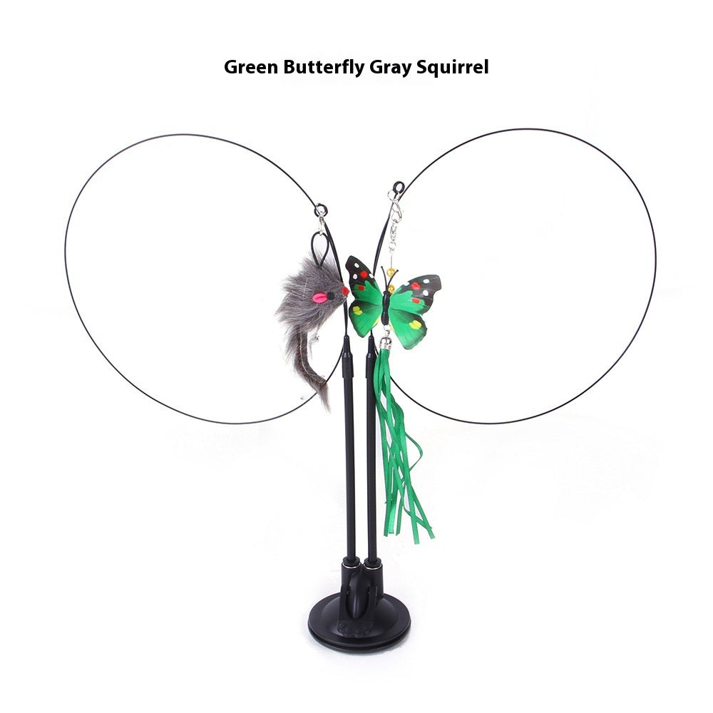 Cat toy with green butterfly and gray squirrel design on a white background