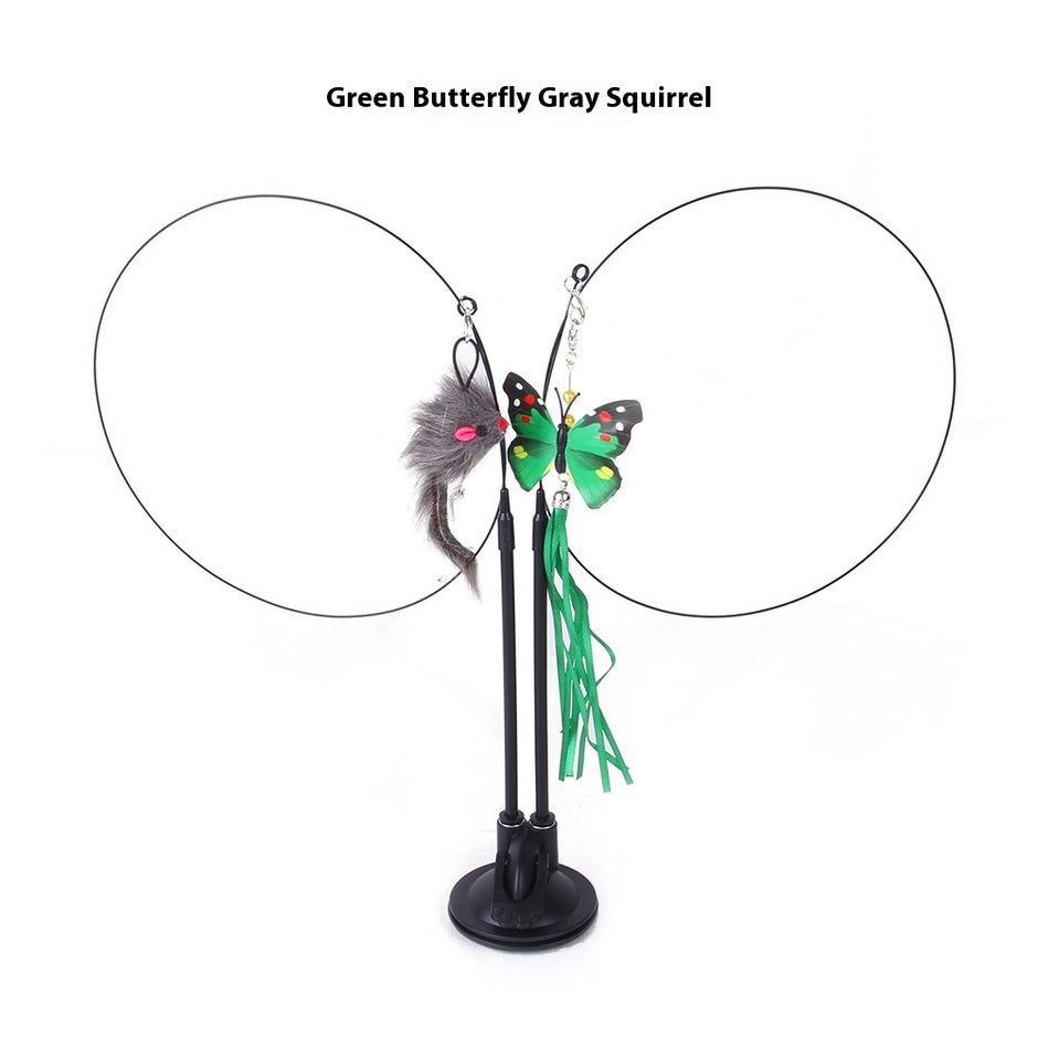 Cat toy with green butterfly and gray squirrel design on a white background