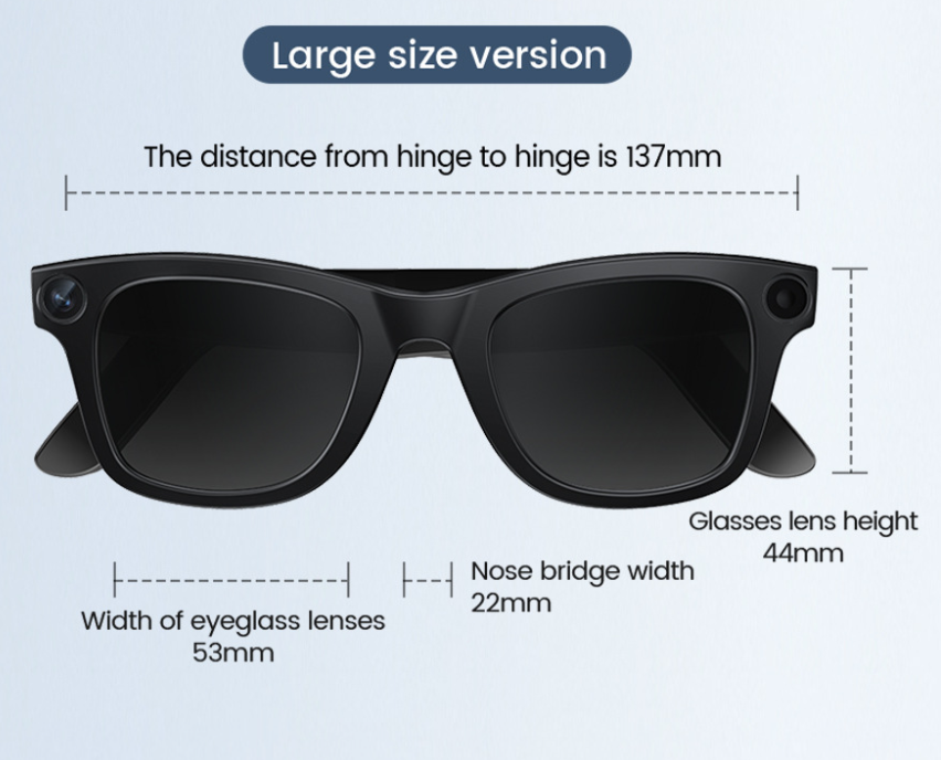 Black sunglasses with measurements on a light blue background