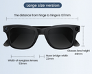 Black sunglasses with measurements on a light blue background