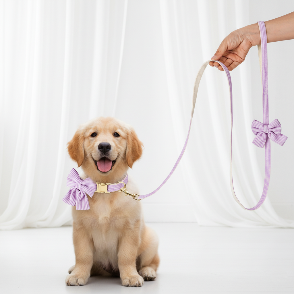 Puppy wearing a purple collar with a tie and sitting on a white background with a purple leash.