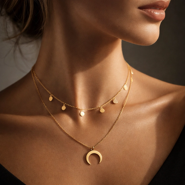 Close-up of a woman wearing a gold necklace with a crescent moon pendant against a dark background.