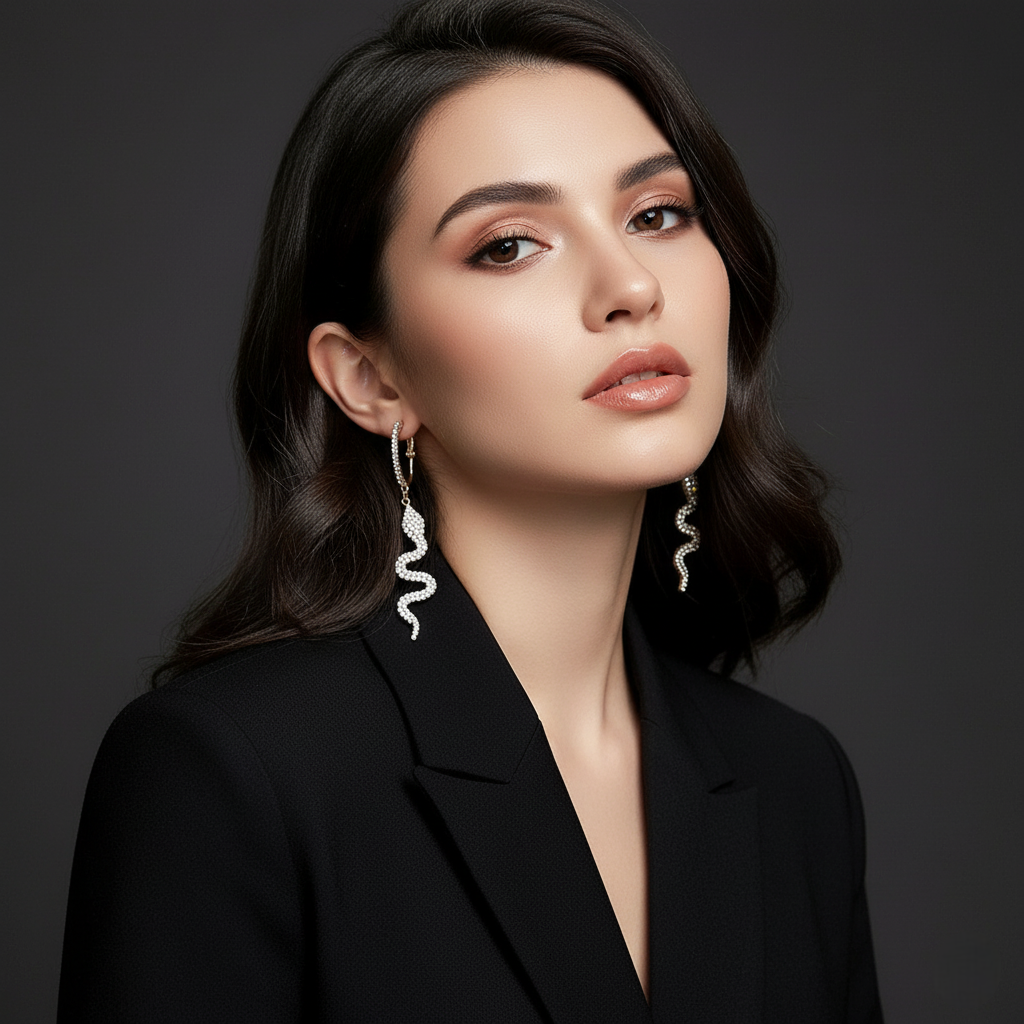 Woman wearing a black blazer and an elegant pair of silver-tone snake drop earrings featuring pavé-set rhinestones. earrings against a dark background