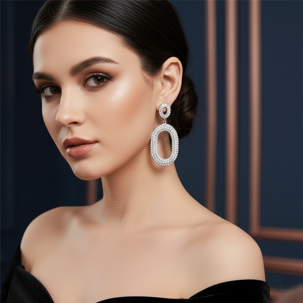 Woman wearing elegant silver earrings with a dark background