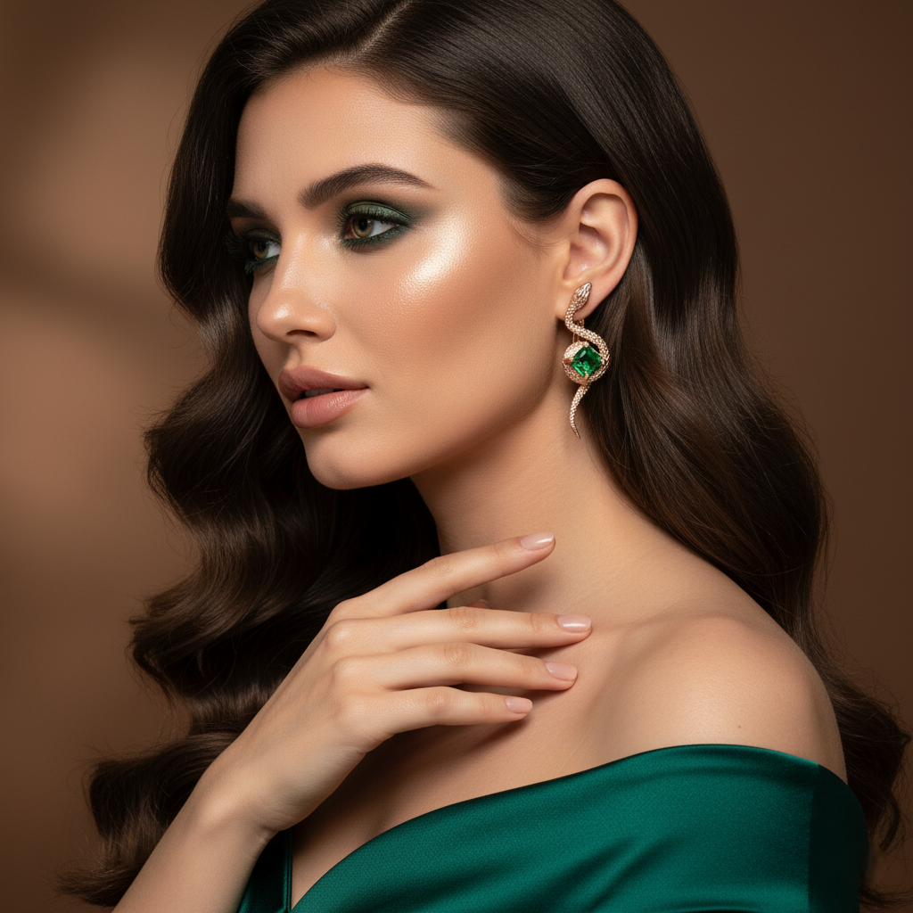Woman wearing a green dress and emerald green earrings against a brown background