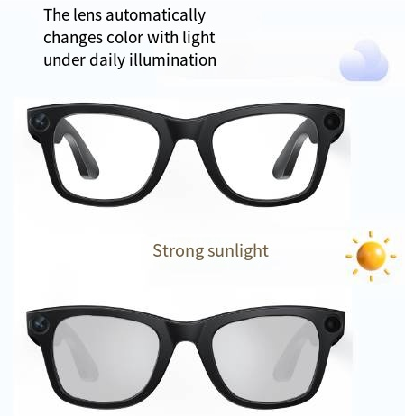 Black glasses with photochromic lenses showing color change in strong sunlight.