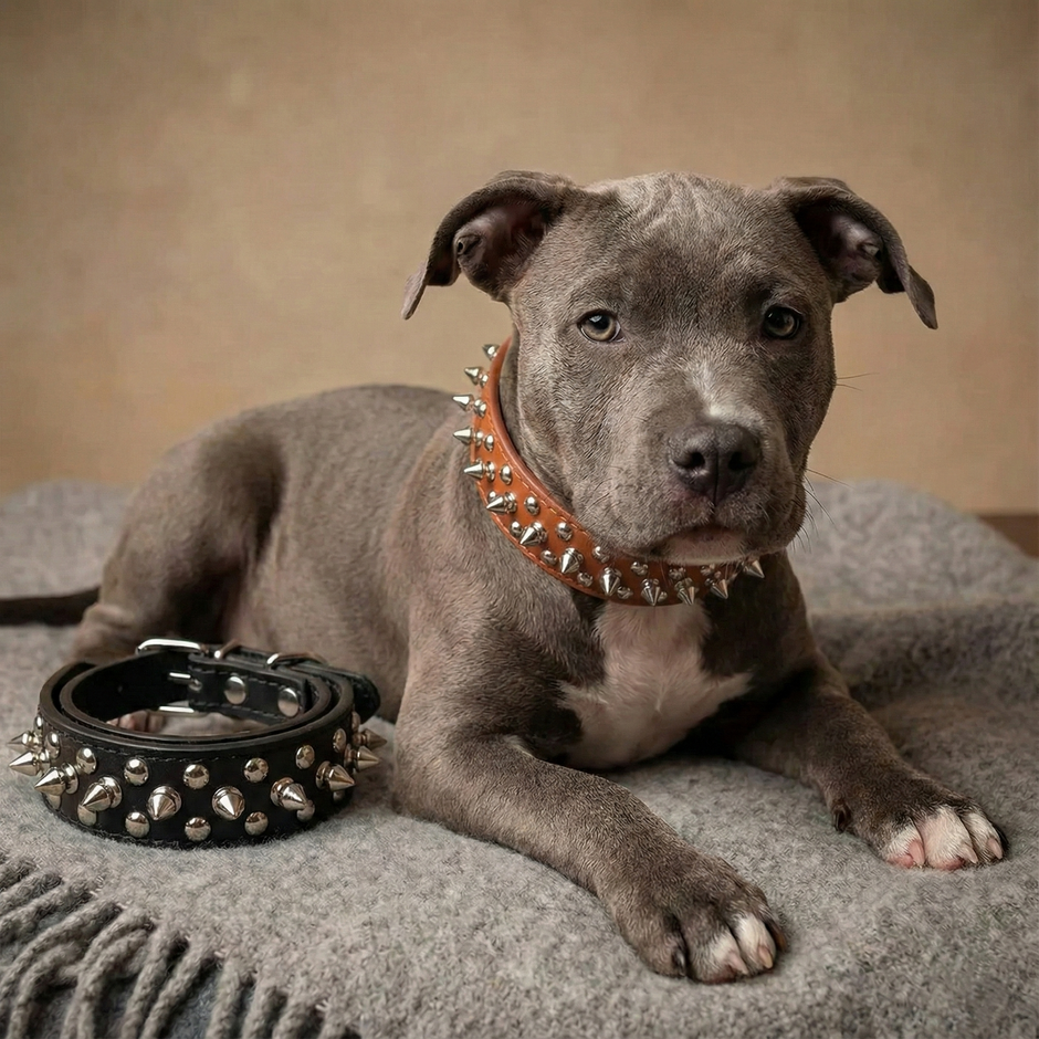 Dog wearing a studded collar and lying on a textured surface with a neutral background