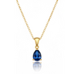 Gold necklace with a blue teardrop pendant on a white background