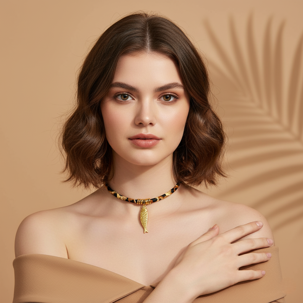 Woman wearing a gold necklace against a beige background