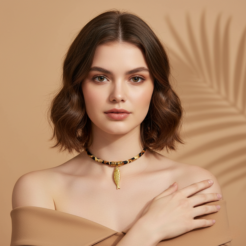 Woman wearing a gold necklace against a beige background