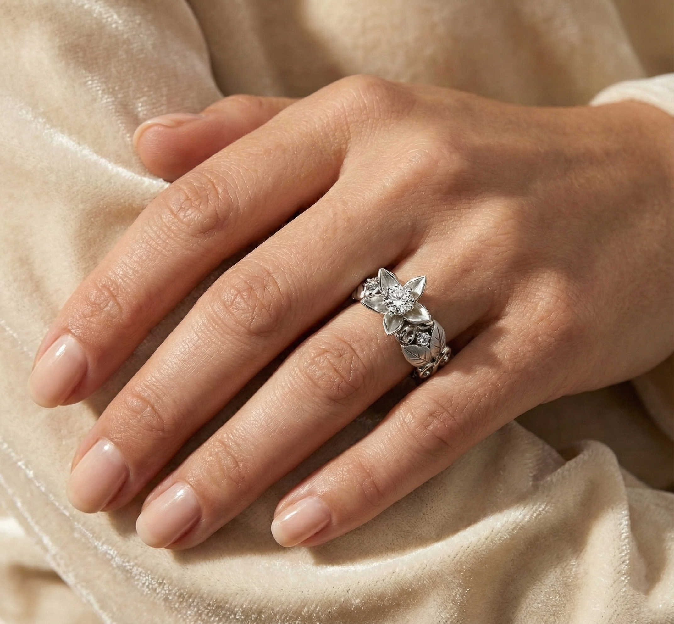 Hand wearing a floral engagement ring, sterling silver on a beige fabric background