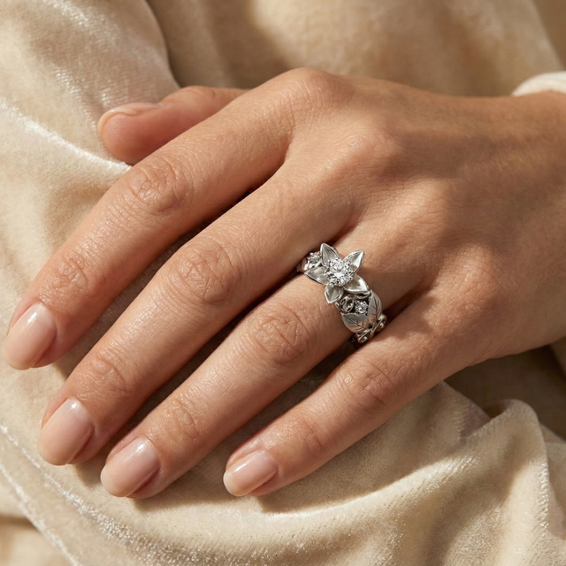 Hand wearing a floral engagement ring, sterling silver on a beige fabric background
