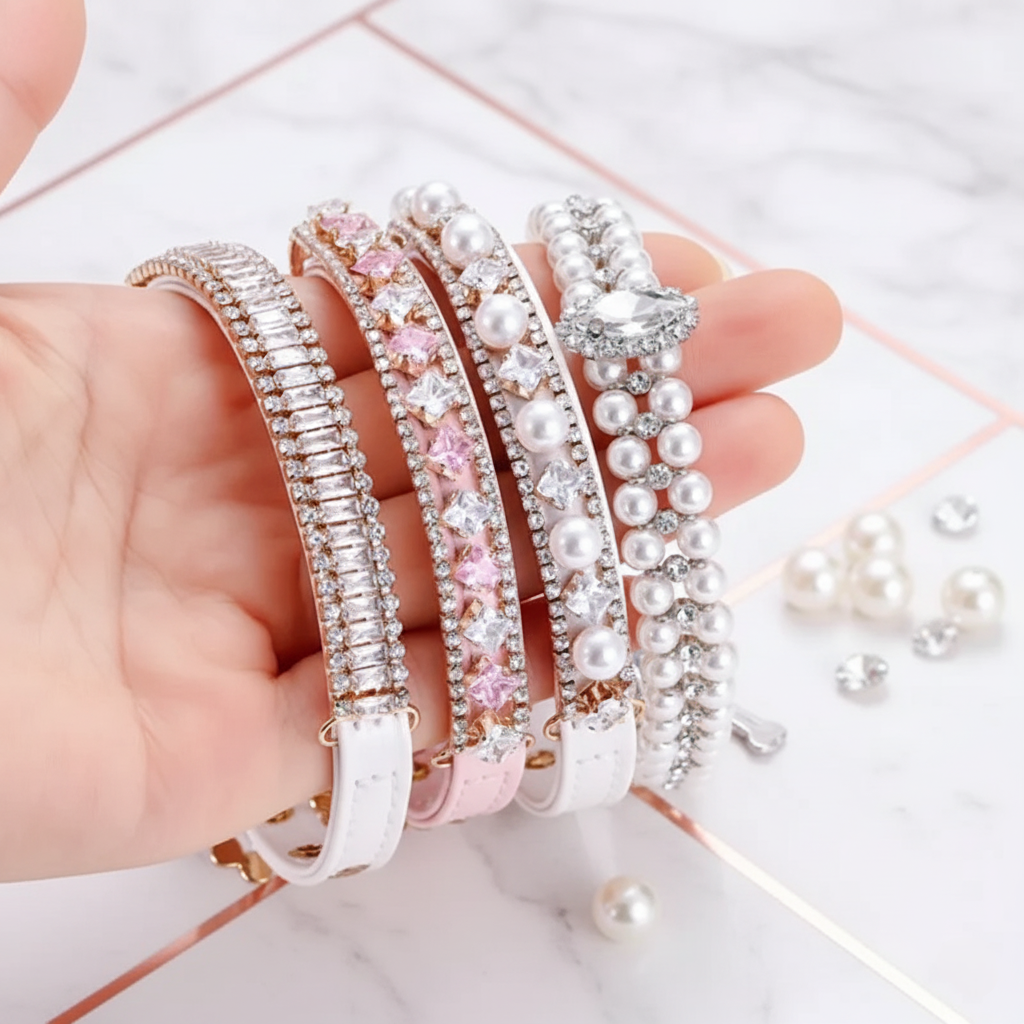 Hand holding four pearl and crystal collars on a light background