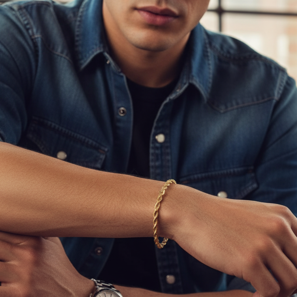 Person wearing a gold bracelet on their wrist with a denim shirt.