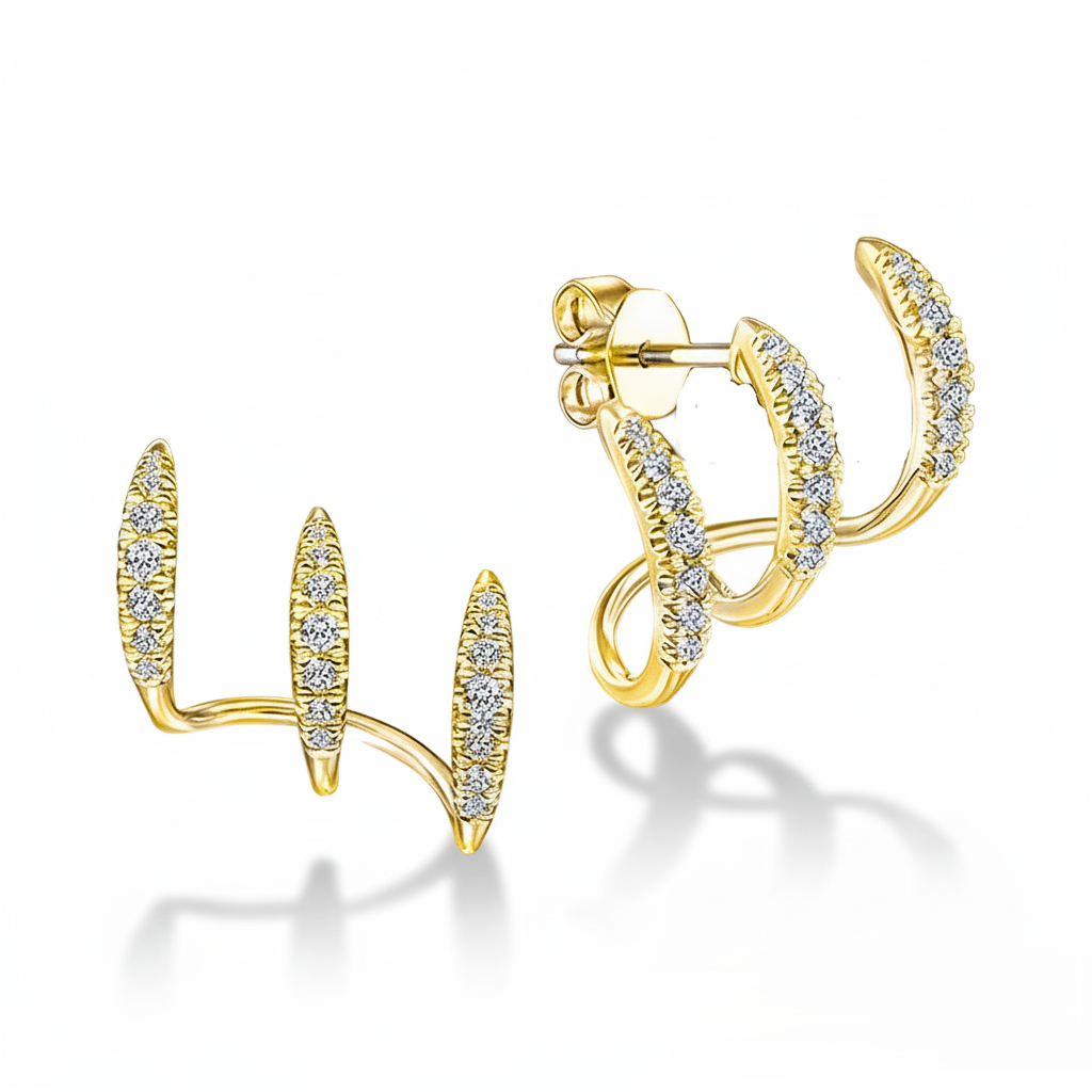 pair of yellow gold-tone claw stud wrap earrings with cubic zirconia. 