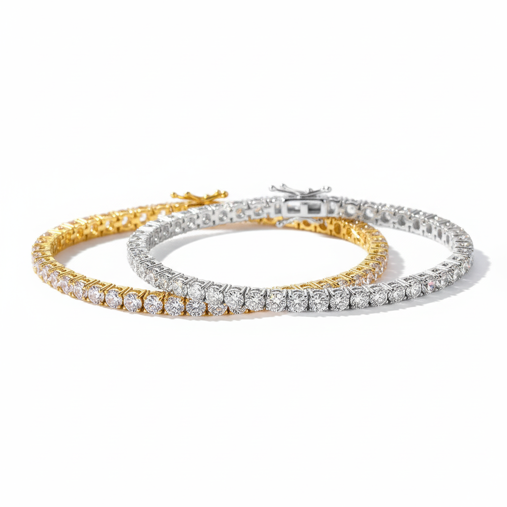 Two Gold and Silver bracelets with AAA+ cubic zirconia bracelets, one gold and one silver, on a white background